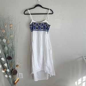 Roxy spaghetti strap hi-low dress with blue design on body in size S